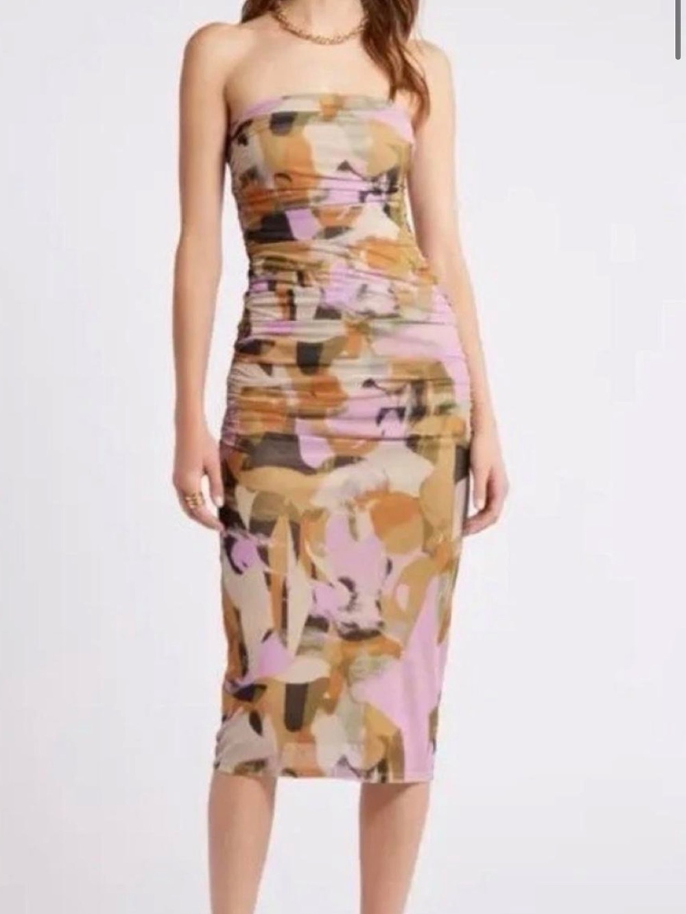 Earth toned abstract strapless midi dress